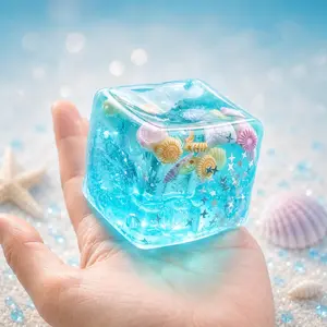 Ocean Blue Squishy Sensory Cube – Sea Shell Glitter Stress Relief Fidget Toy