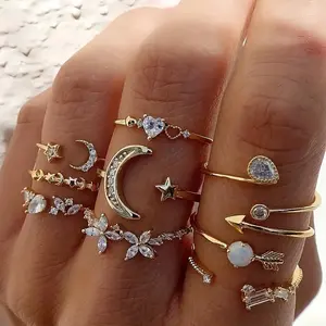 9 Pcs Stackable Open Adjustable Rings Set Star Moon Arrow Heart Flower Crystal Zircon Stacking Midi Finger Rings Minimalist Thin Band Knuckle Rings for Women Girls Daily Party Jewelry, Gold & Silver Two Colors Optional