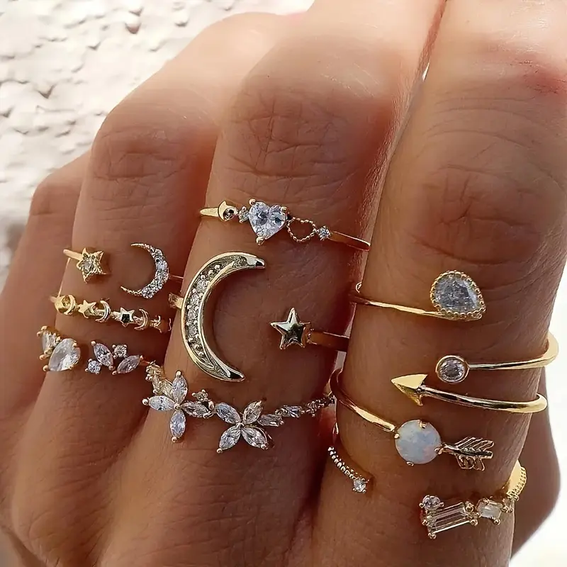 9 Pcs Stackable Open Adjustable Rings Set Star Moon Arrow Heart Flower Crystal Zircon Stacking Midi Finger Rings Minimalist Thin Band Knuckle Rings for Women Girls Daily Party Jewelry, Gold & Silver Two Colors Optional