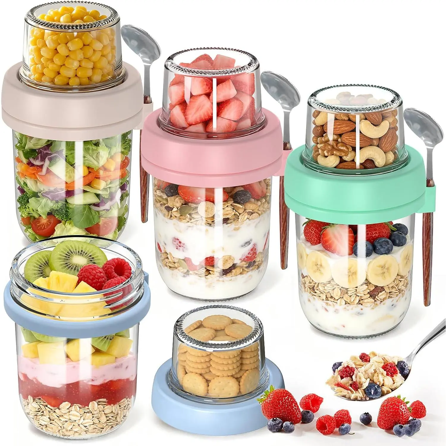 4 Pack 20 oz Overnight Oats Containers with  and Spoons, Glass | 16+4 oz -Layer Glass Jars Dry and Wet Separation, Leak Proof,  Grade, , Portable,For Oatmeal Salad Yogurt