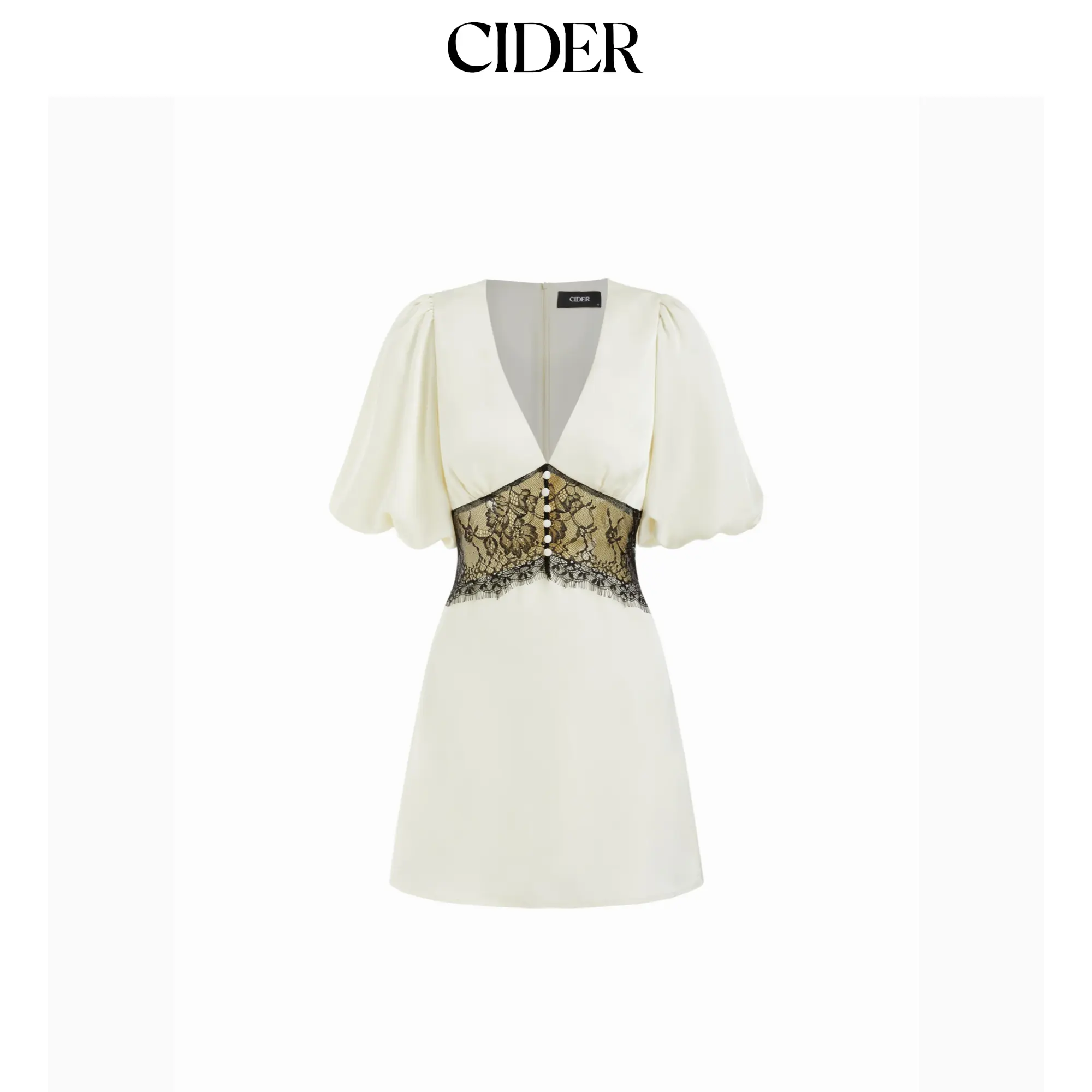 Cider Satin V-neck Contrasting Lace Lantern Sleeve A-line Mini Dress SummerFinds