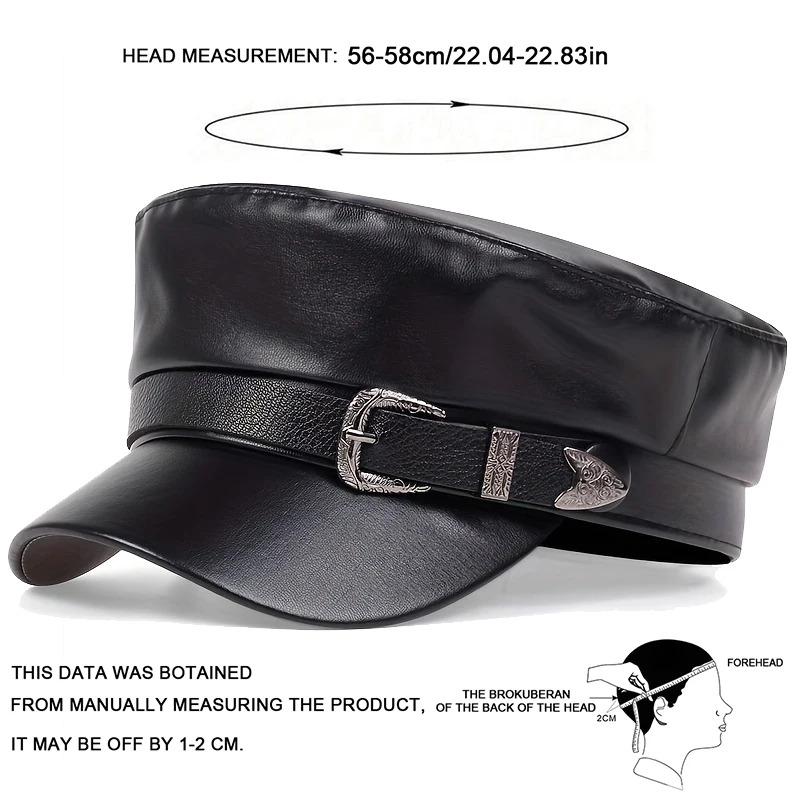 Fashion Women Large Belt Buckle Leather Hat Spring Autumn Sailor Hats Black Ladies Beret Caps Men Flat Top Captain Military Caps