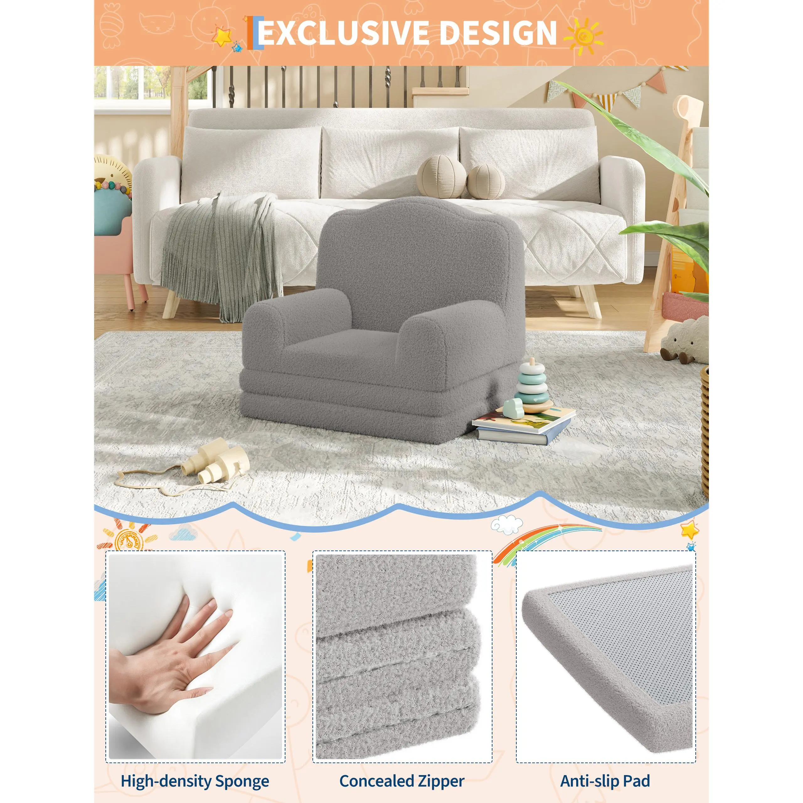 2-in-1 Convertible Kids Sofa Chair – Soft Sherpa & Soft Fleece, Fold Out Toddler Lounger, Washable Cover, Comfy Children's Furniture for Playroom & Nursery, Gift for Boys & Girls
