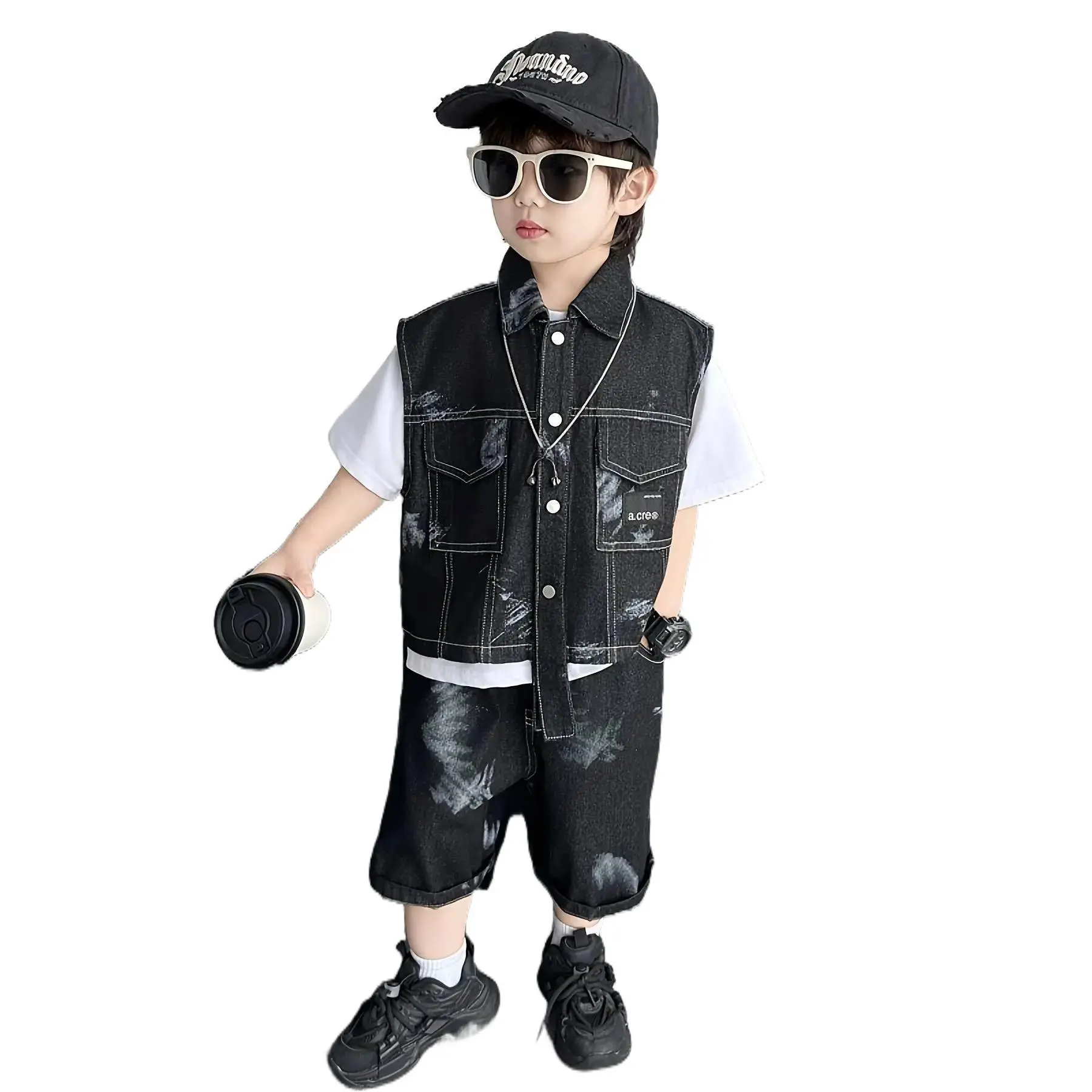 2025 New Spring Autumn Boys Denim Vest Short Sleeve Jacket Boho Fashion Three-Piece Set Loose Casual Toddler Kids Outdoor Wear Custom