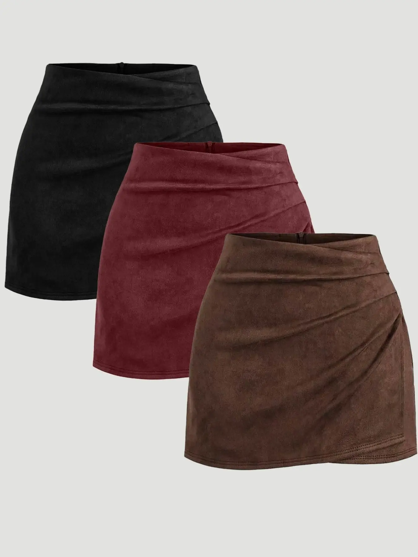 Women's Vintage Italian Melange Velvet Skirt Set, 3-Piece Fall Winter Aesthetic Fashion, Casual High-Waisted Pleated A-Line Short Dress