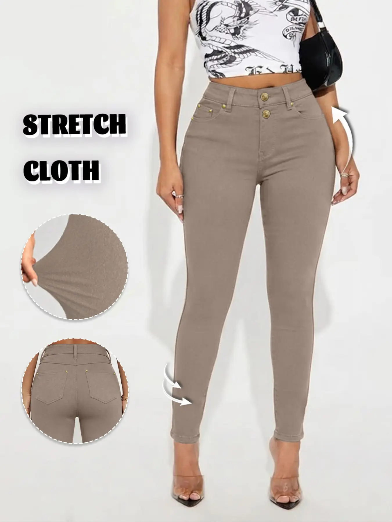 1 Pair Women High Waist Double Button Stretch Skinny Jeans, American Vintage Butt Lifting Slim Fit Khaki Denim Pants for Daily Casual Streetwear