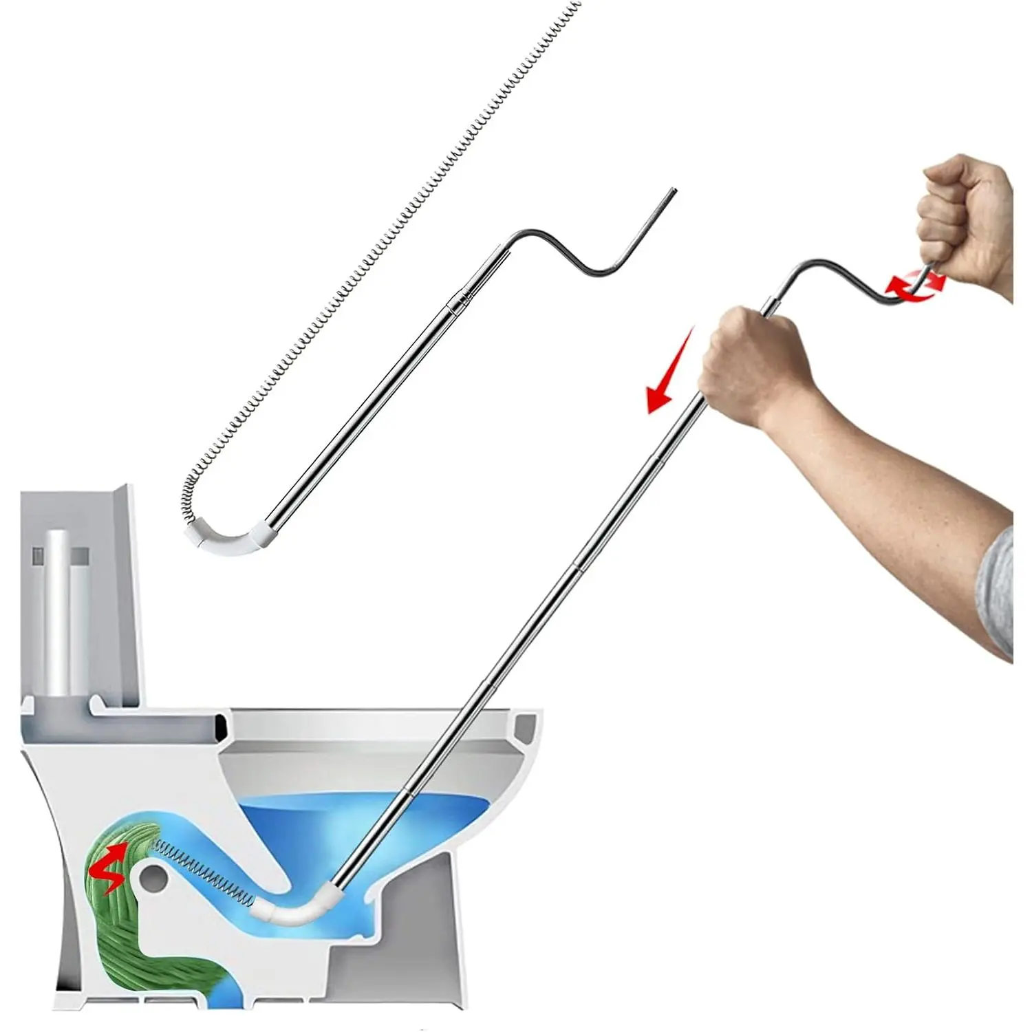 Telescopic 304 Stainless Steel Toilet Drain unclogger,Extended to 1.5m,Protect toilet ,Remove dry stool hair blockage,Drainage spiral drill,Drain Snake for Toilet (M1)