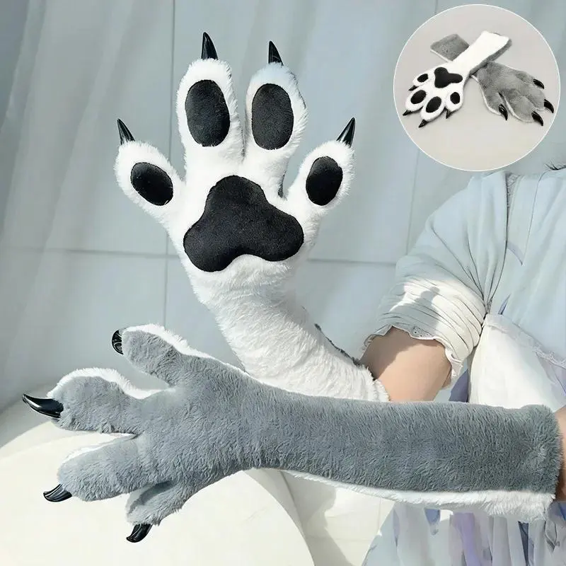 Fursuit Four Finger Elastic Paw Gloves Faux Fur Animal Claws for Cosplay Kigurumi Halloween Party Costume Prop Cat Bear Fox Wolf