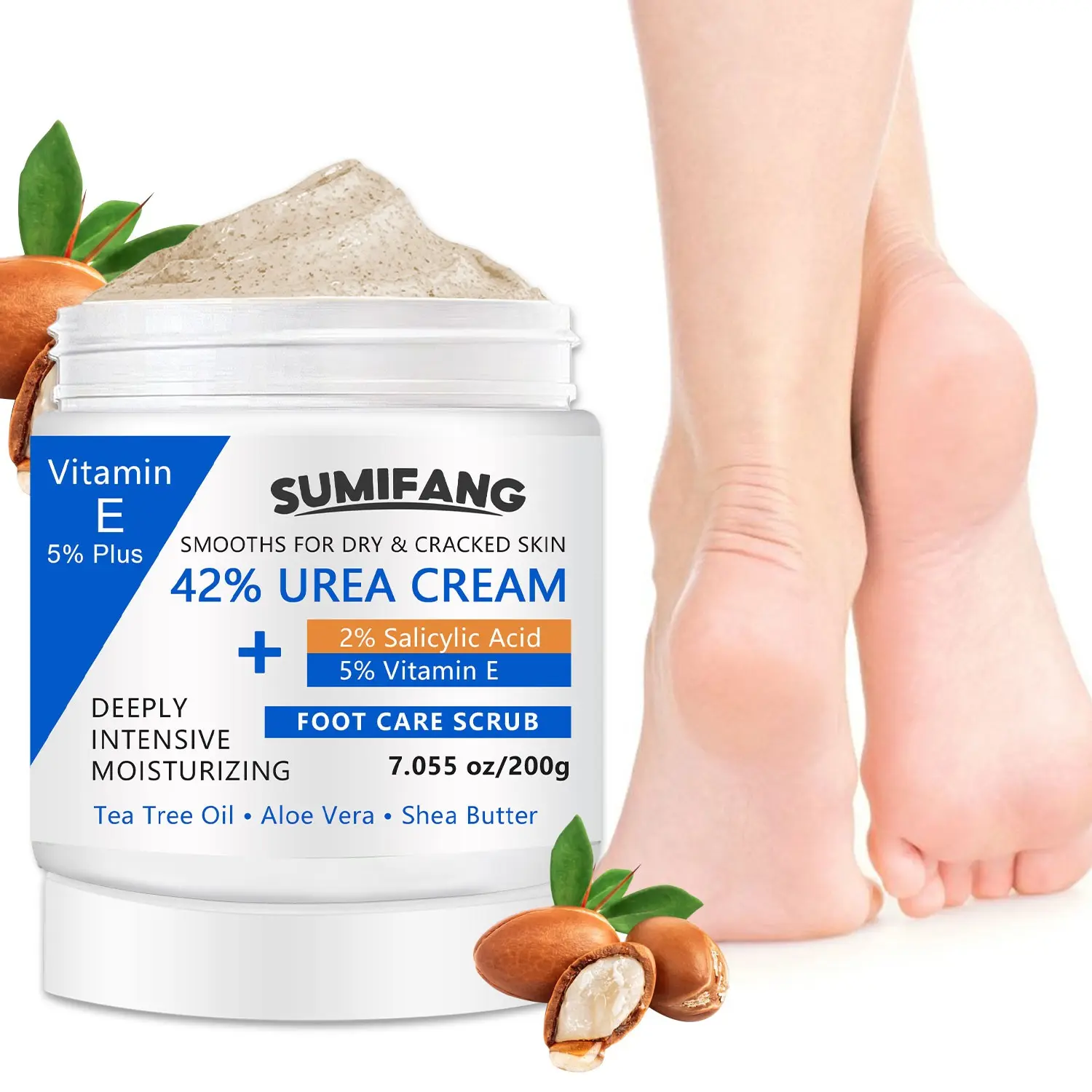 200g 42% Urea Smoothing Foot Cream, Urea Cream For Feet, Intensive Foot Care, Contains Salicylic Acid and Vitamin E, Tea Tree Oil and Shea Butter, Smooths and Moisturizes Dry Feet