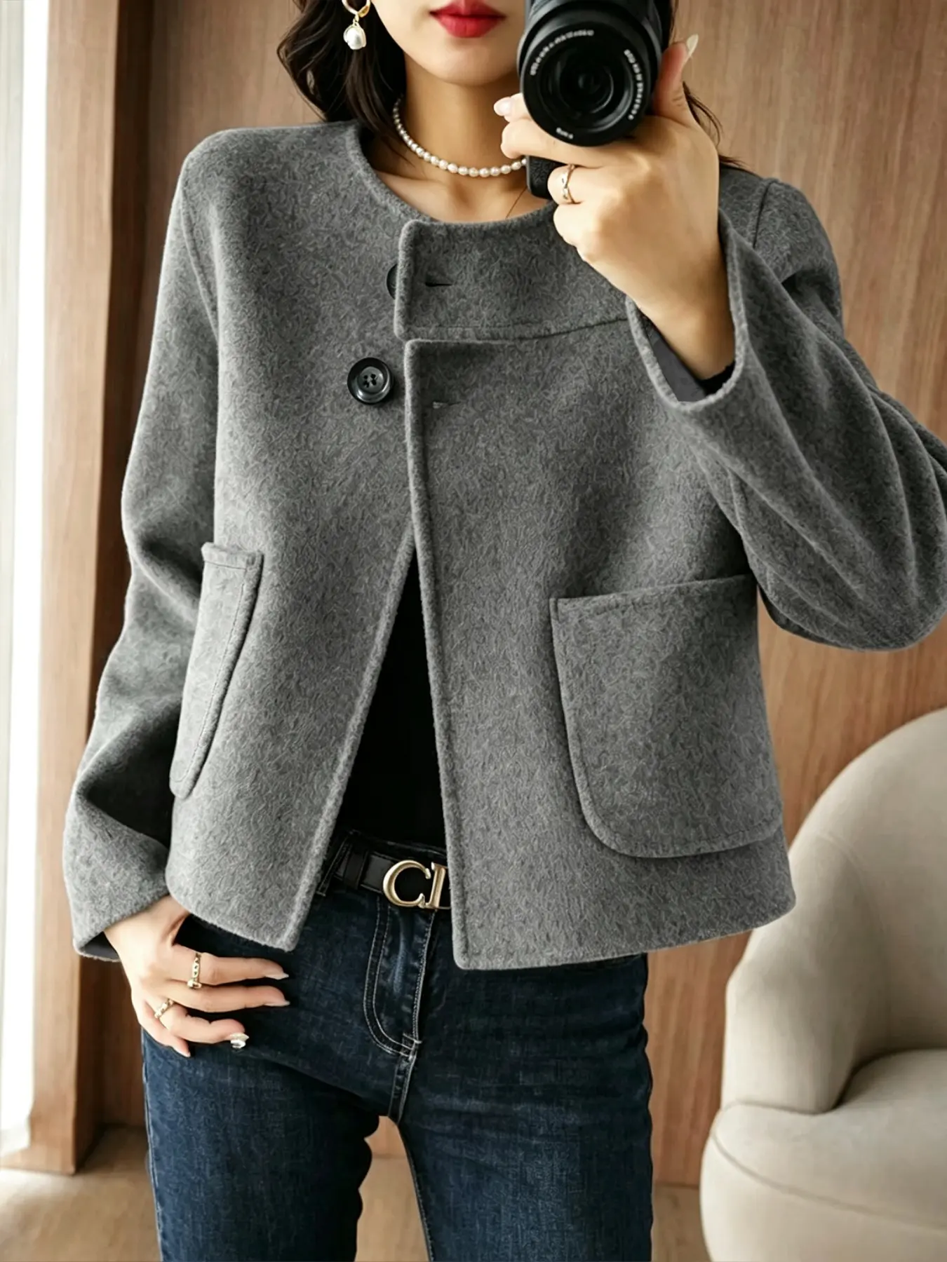 Women Crew Neck Cropped Jacket, Trendy Outerwear, Asymmetric Button Front Short Outerwear With Big Patch Pockets, Relaxed-Fit Boxy Silhouette Outer Coat For Fall Winter, Perfect For Office Commute, Casual Dating And Daily Going-Out