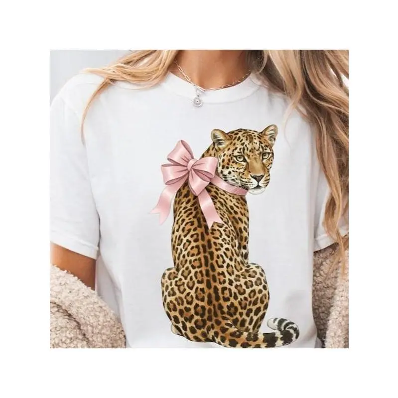 Retro Pink Leopard Print Top with Bow Graphic, Short Sleeve Round Neck Casual Shirt, Cute Tops for Women, Streetwear, Preppy, Tshirt, Shortsleeve, Bow Adds Focal Pt