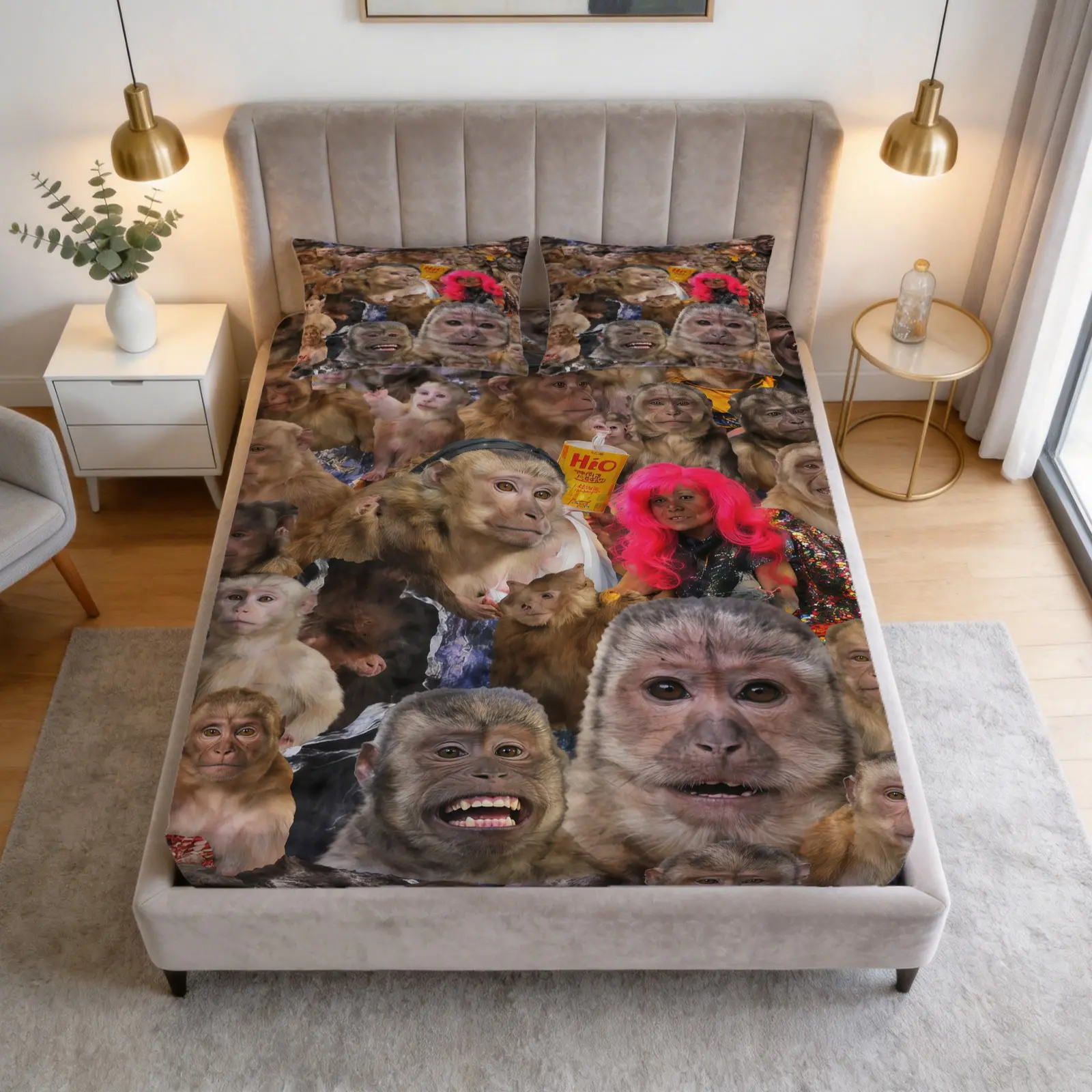 3-Piece Set Of Fun Monkey Meme Patterned Bed Sheets, Including 1 Bed Sheet And 2 Pillowcases (Excluding Pillow Core), Comfortable Bedding, Non Slip Suitable For Bedrooms, Suitable For Children And Teenagers As Gifts And Decorations