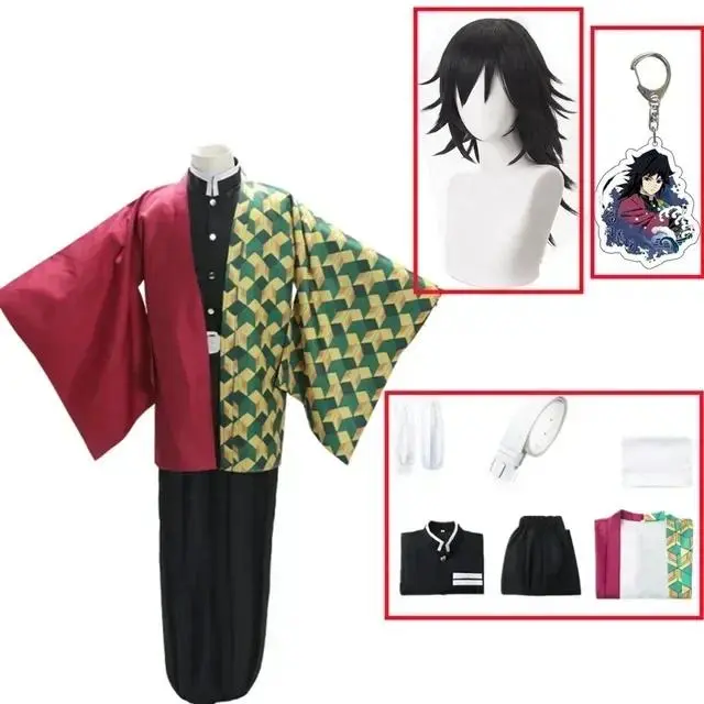 Anime Demon Slayer Kimetsu No Yaiba Tomioka Giyuu Long Sleeve Collared Neck Cosplay Costume Set - Women's Adult-Kid Kimono Uniform with Wig, Movie/TV Event Wear Accessories