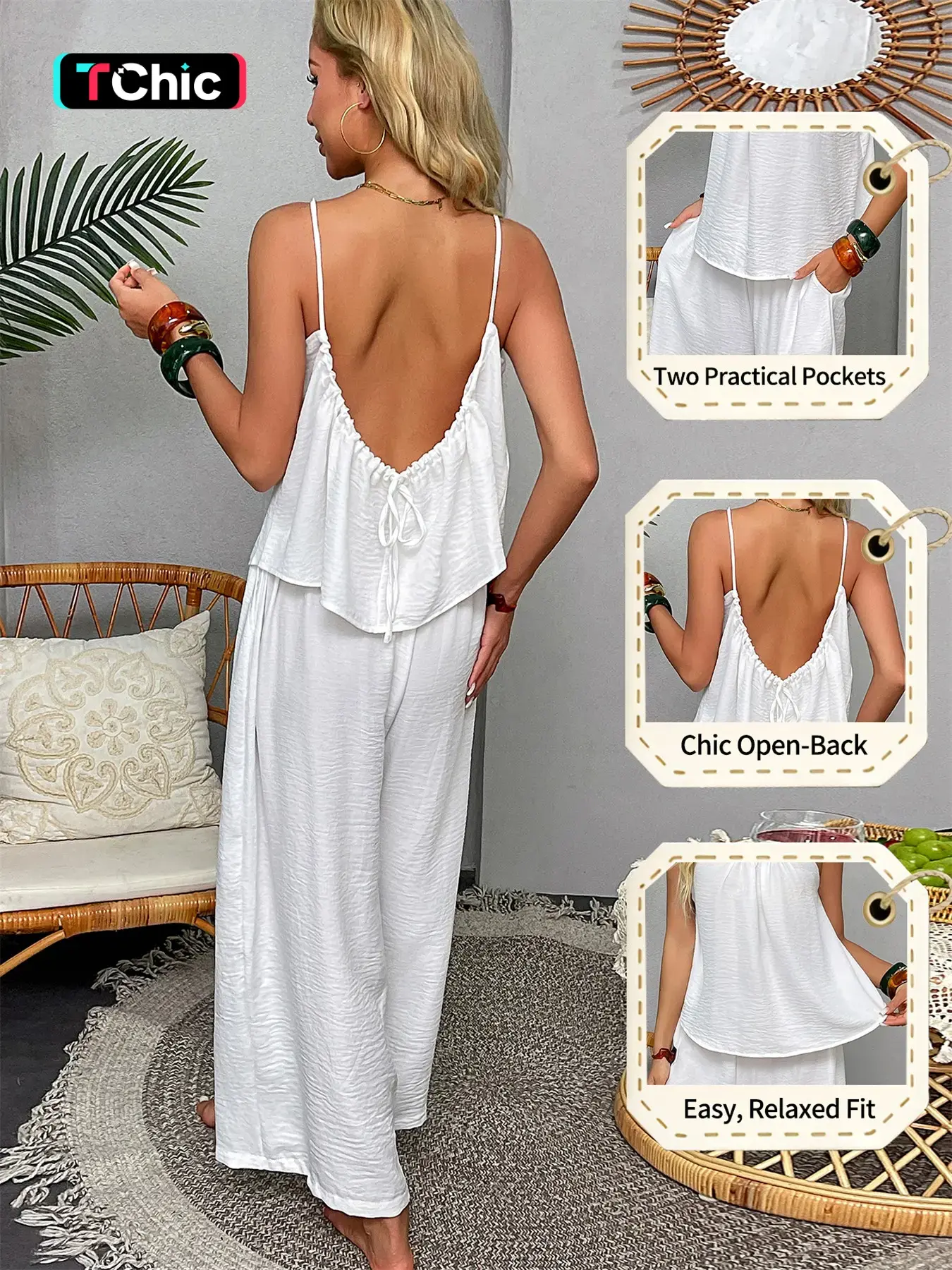 Summer Women's Sleepwear Set, Fashion Chic Solid Color Sexy Backless Tie Strap Sleeveless Top, Casual Two-Pocket Long Pants, Comfortable Home
