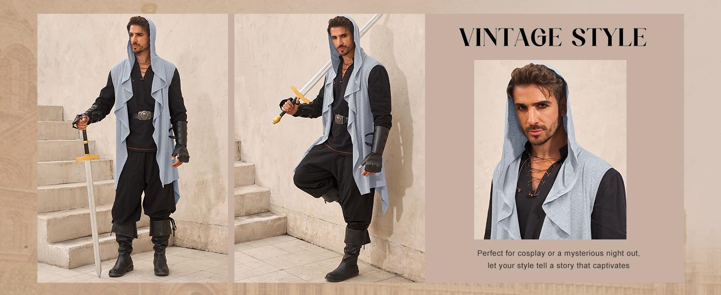 Runcati Mens Hooded Cardigan Sleeveless Ruffle Shawl Collar Open Front Knit Drape Robe