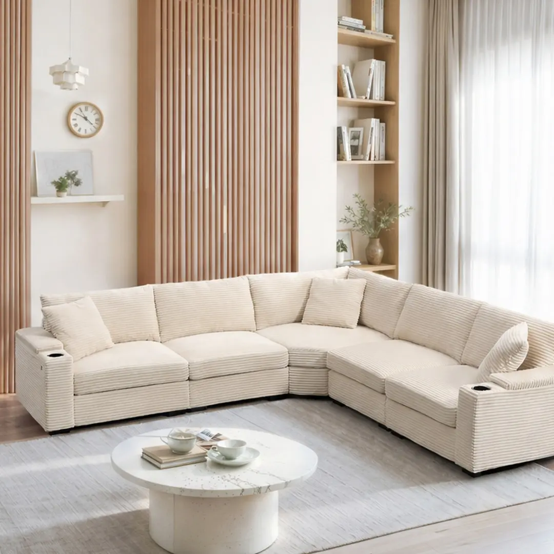 ARCH 104" L-Shaped Sectional Sofa Corduroy Corner Couch with Armrest Storage Cup Holders USB Charger Modular Comfy 5-Seat Living Room Furniture Beige Wood Frame Square Arms Pillow Back, Beige Color Options, Corduroy Material, 5 Seat Seat Count