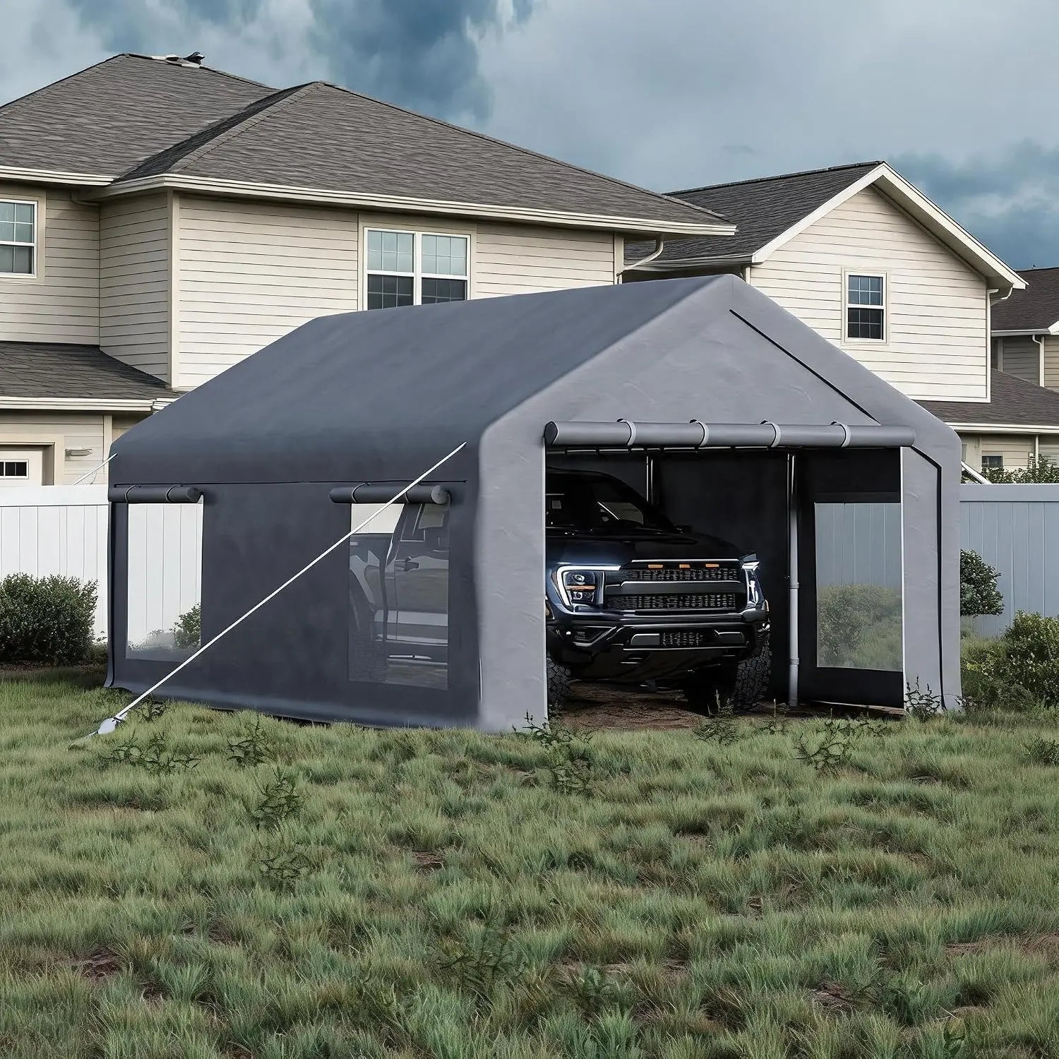 12x20 ft Portable Garage, Car Port with 200 g PE Tarp Canopy, with 2 Roll-Up Doors and 4 Windows, for Temporary Paint Booth, Boats&Pickups Shed, and Event Shelter, Gray