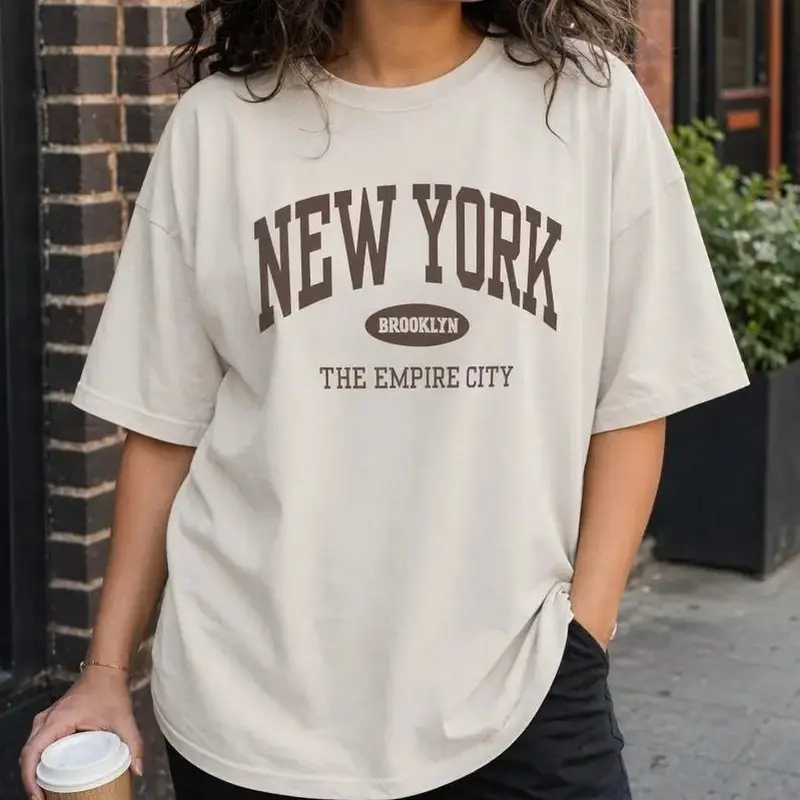 Women's Plus Size Vintage New York Print Sports Top - Brooklyn The Empire City Graphic, Comfortable Cotton Round Neck Comfy Shirt