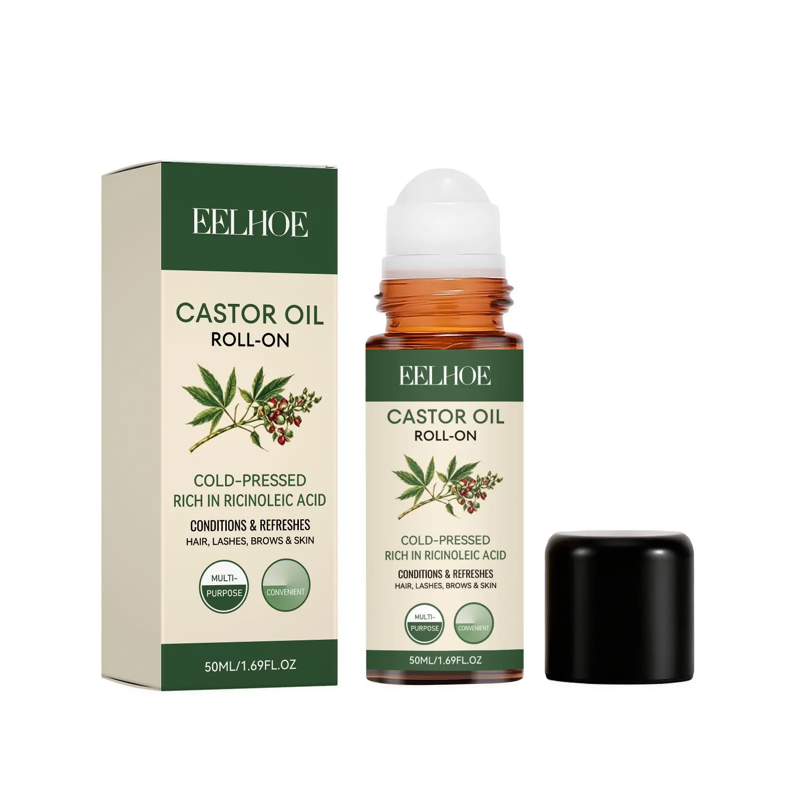 Castor Oil Roll On for Belly, Face, Under Eyes, Body Skin and Hair - 100% Pure Hexane Free Cold Pressed Organic Castor Oil Roller, Easy Application and Absorb