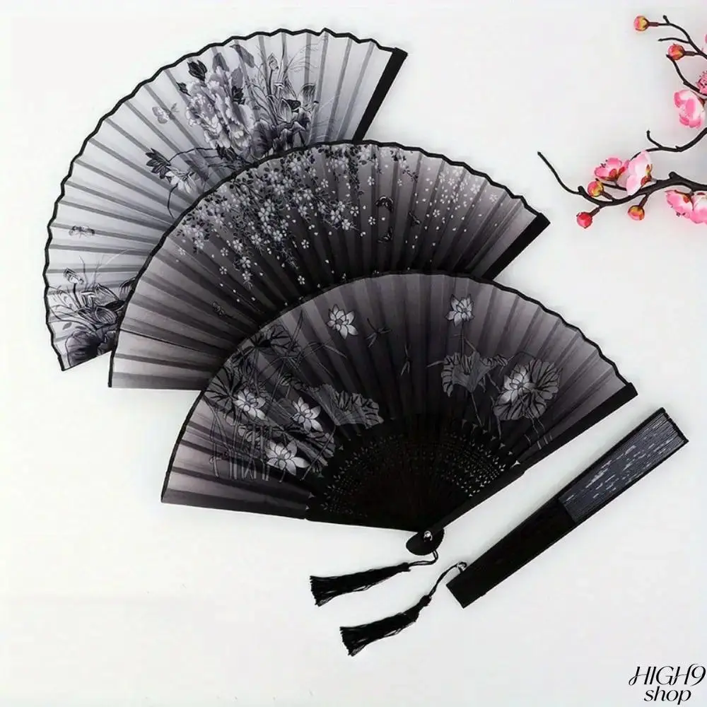 Women's Portable Foldable Bamboo-Wood Hand Fan Set (3 Pcs), Satin Surface, Traditional Chinese Floral Artwork, Artistic Hanging Tassels, Delicate Decorative Accessory for Holiday Gifting, Indoor Home Styling, Lightweight
