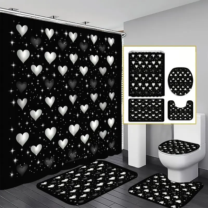 1/4PCS Heart Shower Curtain Set – Black Silver Love Heart Bathroom Decor, Includes Mat, U-Mat, Toilet Cover & 12 Hooks, 70.87x70.87 Inch Curtain, Sparkling Heart Design, Home Bathroom Accessories