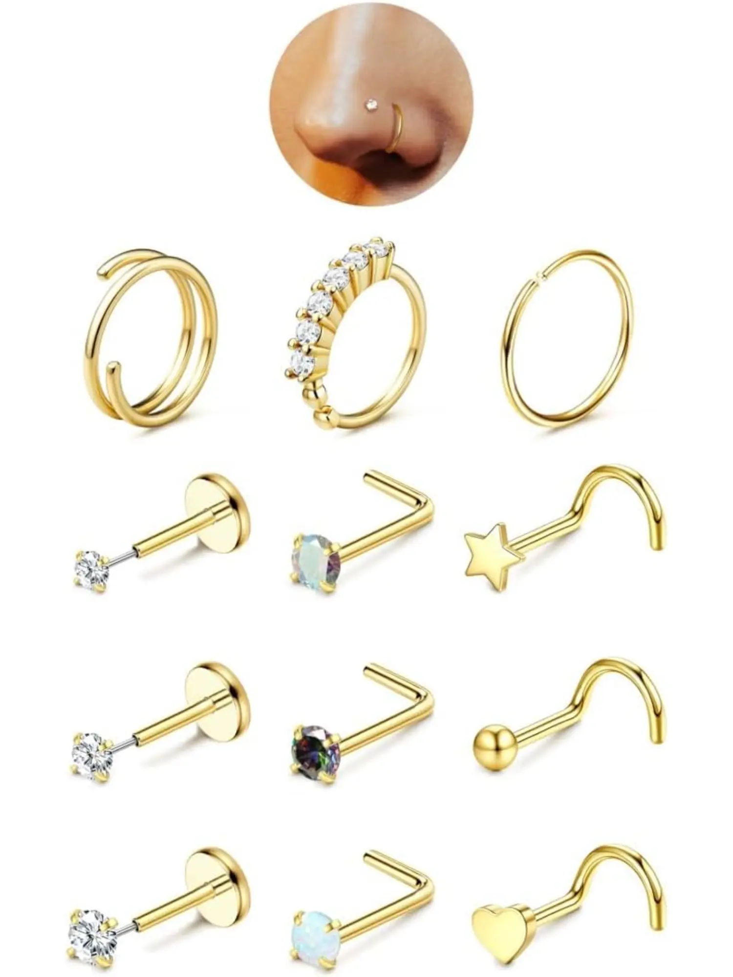 12 pairs Gold Nose Rings for Women - 14K Gold Filled Hypoallergenic Surgical Steel Nose Ring Hoops CZ Opal Lip Ring Screw L Shaped Studs Threadless Flat Back Stud Nose Piercings Jewelry for Women Men Body Jewelry