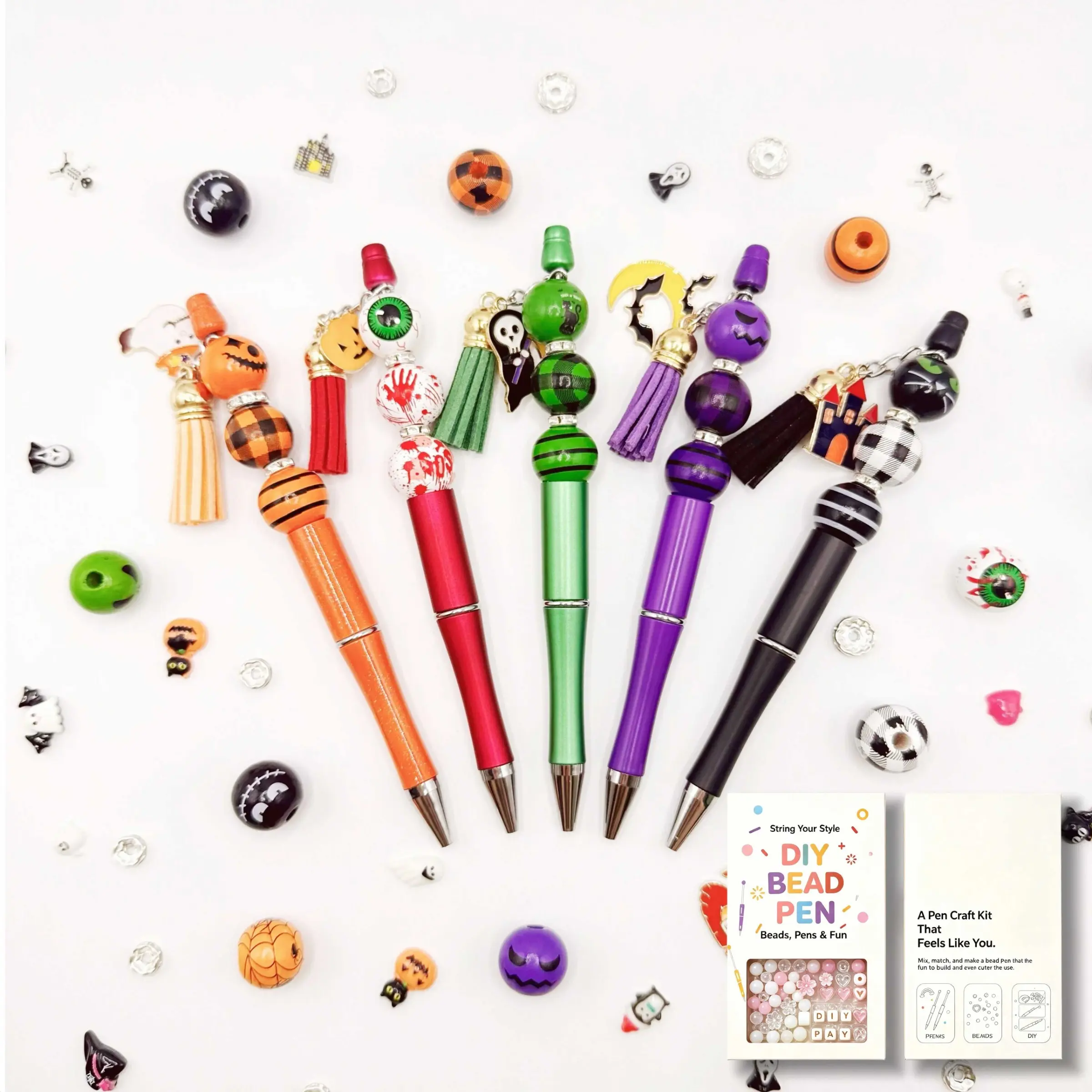 5 Pack Halloween Spooky DIY Beadable Pen Gift Box Set, Complete Beaded Ballpoint Pen Craft Kit with All Halloween Beads, Spacers, Tassels, Pumpkin Eyeball Ghost Charms & Chain Accessories, Halloween Party Favor Holiday Gifts for Teens Adults Office School