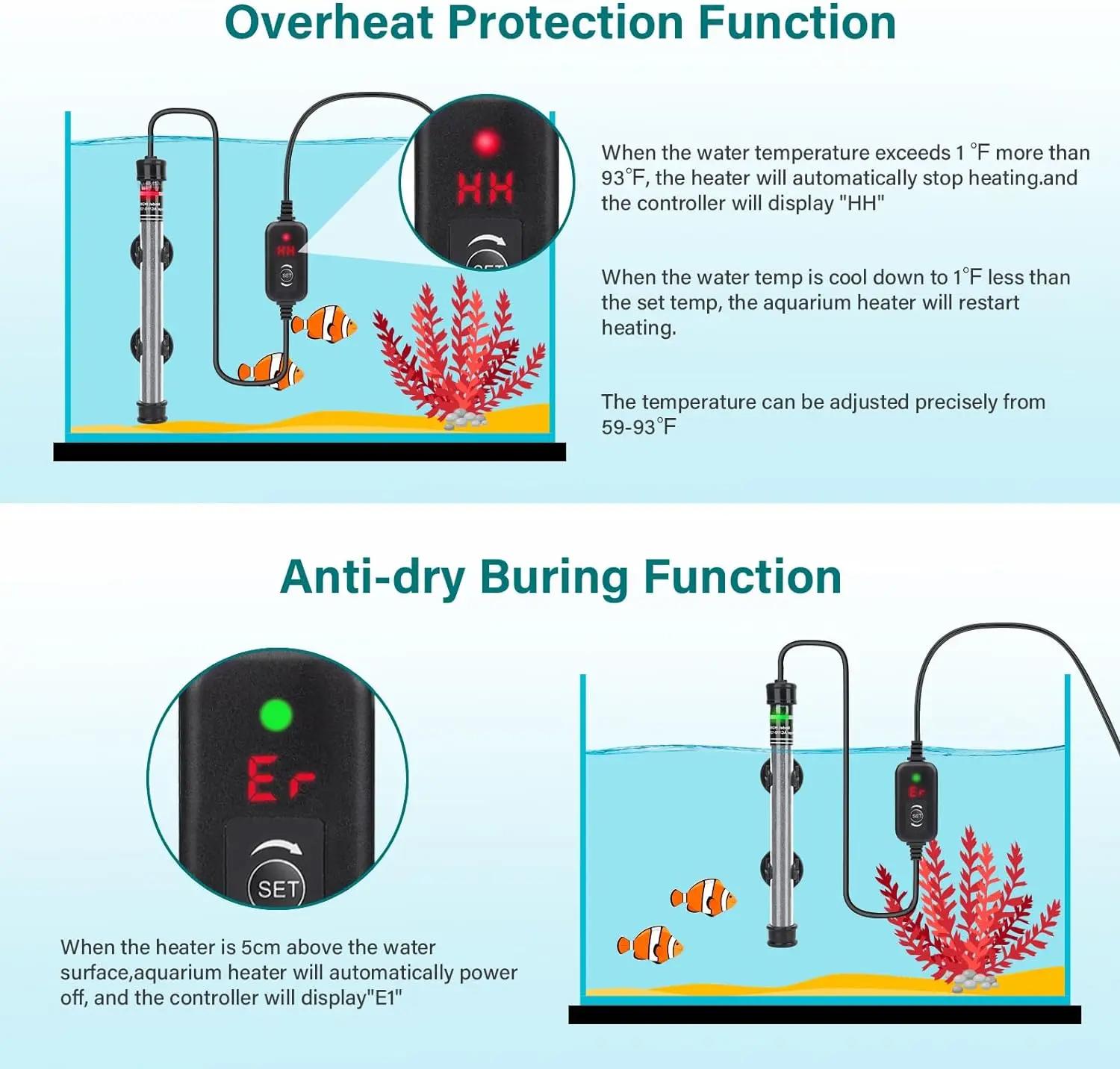 Submersible fishtank heater 100W 150W 200W 300W Adjustable Fish Tahk Heater with Temperature Controller, LED Display, Small Aquarium Betta Heater for up to 20/26/40/48 Gallons