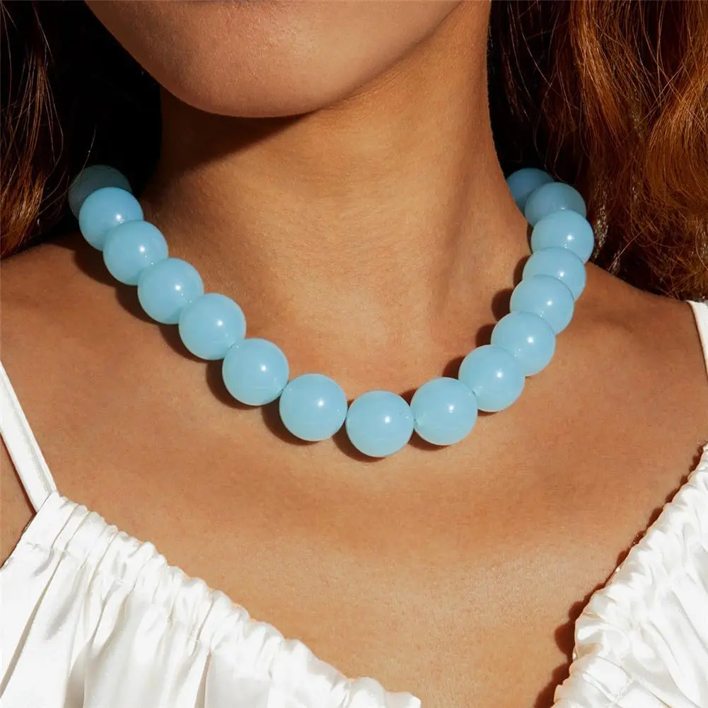 Colorful Chunky Beaded Necklace for Women Blue Green Pink Red Beads Choker Necklaces Acrylic Bead Statement Necklace Trendy Handmade Jewelry
