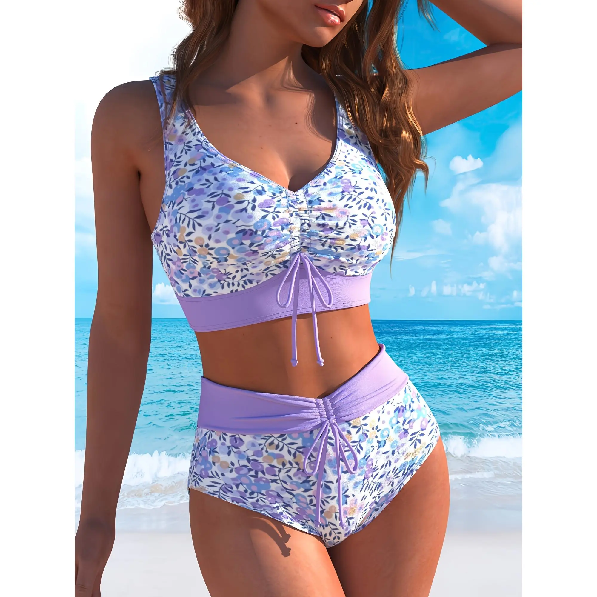 Fashion Casual Light Purple Floral Women's Plus Size Bikini Set Swimsuit