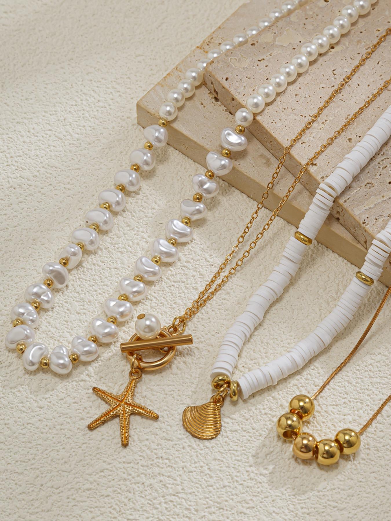 4-piece Boho Style Faux Pearl & Starfish & Shell Decor Necklace, Fashion Summer Style Jewelry for Party, Daily Clothing Decor, Trendy All-match & Exquisite Jewelry for Birthday Gift, Trendy Charms Necklace, Beaded Necklace, Daily Wear Necklace