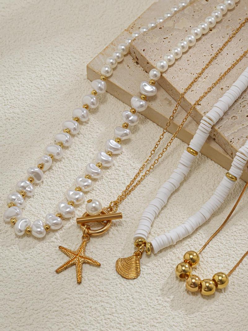 4-piece Boho Style Faux Pearl & Starfish & Shell Decor Necklace, Fashion Summer Style Jewelry for Party, Daily Clothing Decor, Trendy All-match & Exquisite Jewelry for Birthday Gift, Trendy Charms Necklace, Beaded Necklace, Daily Wear Necklace
