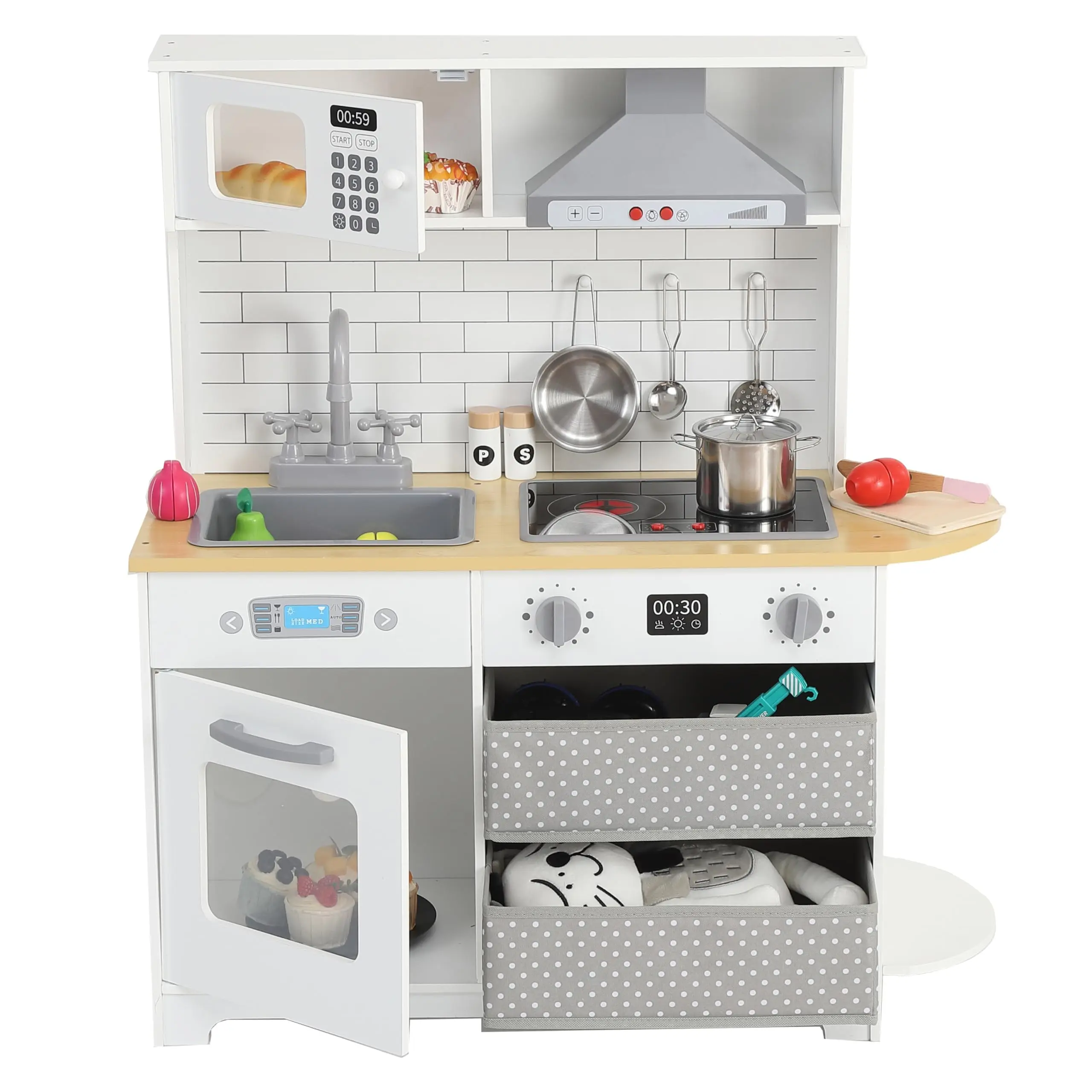 Wooden Play Kitchen for Kids, Toy Kitchen Set with Realistic Lights & Sounds, Toddler Kitchen Playset with 2 Drawers, Faucet, Stove & Oven, Pretend Play for Girls & Boys Ages 3+