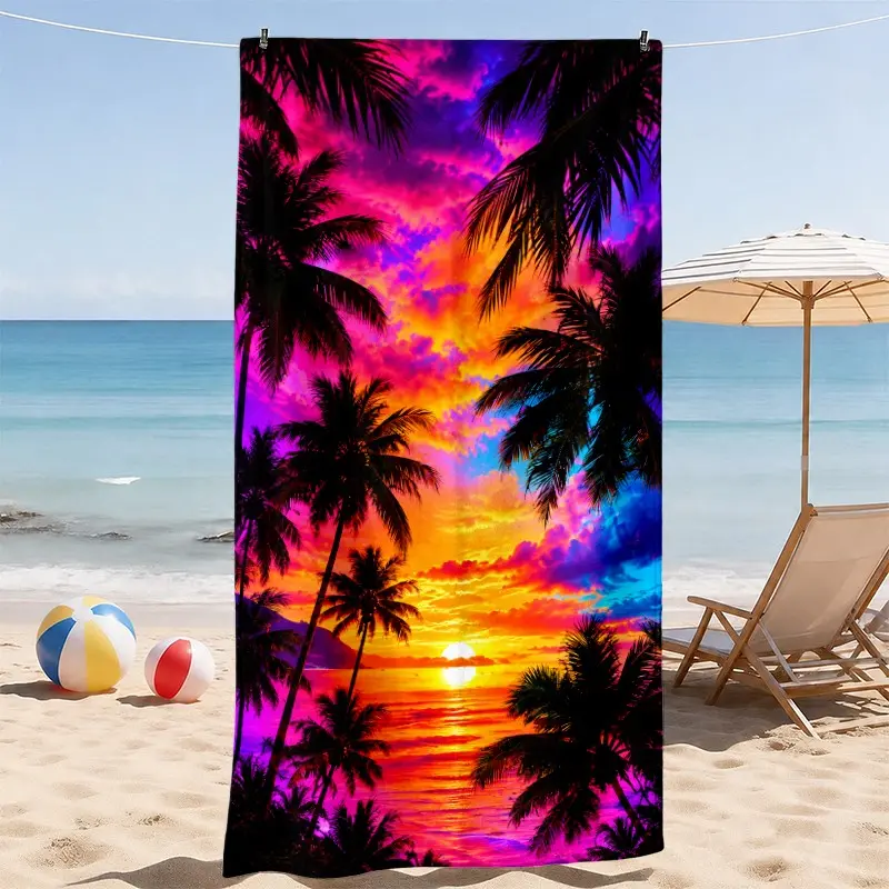 Tropical Sunset Beach Towel, Palm Tree Silhouette and Ocean View Design, Soft Absorbent Lightweight Towel with Tropical Vacation Style, Ideal for Beach, Pool, Travel and Outdoor Days, Summer Gift for Beach Lovers and Family