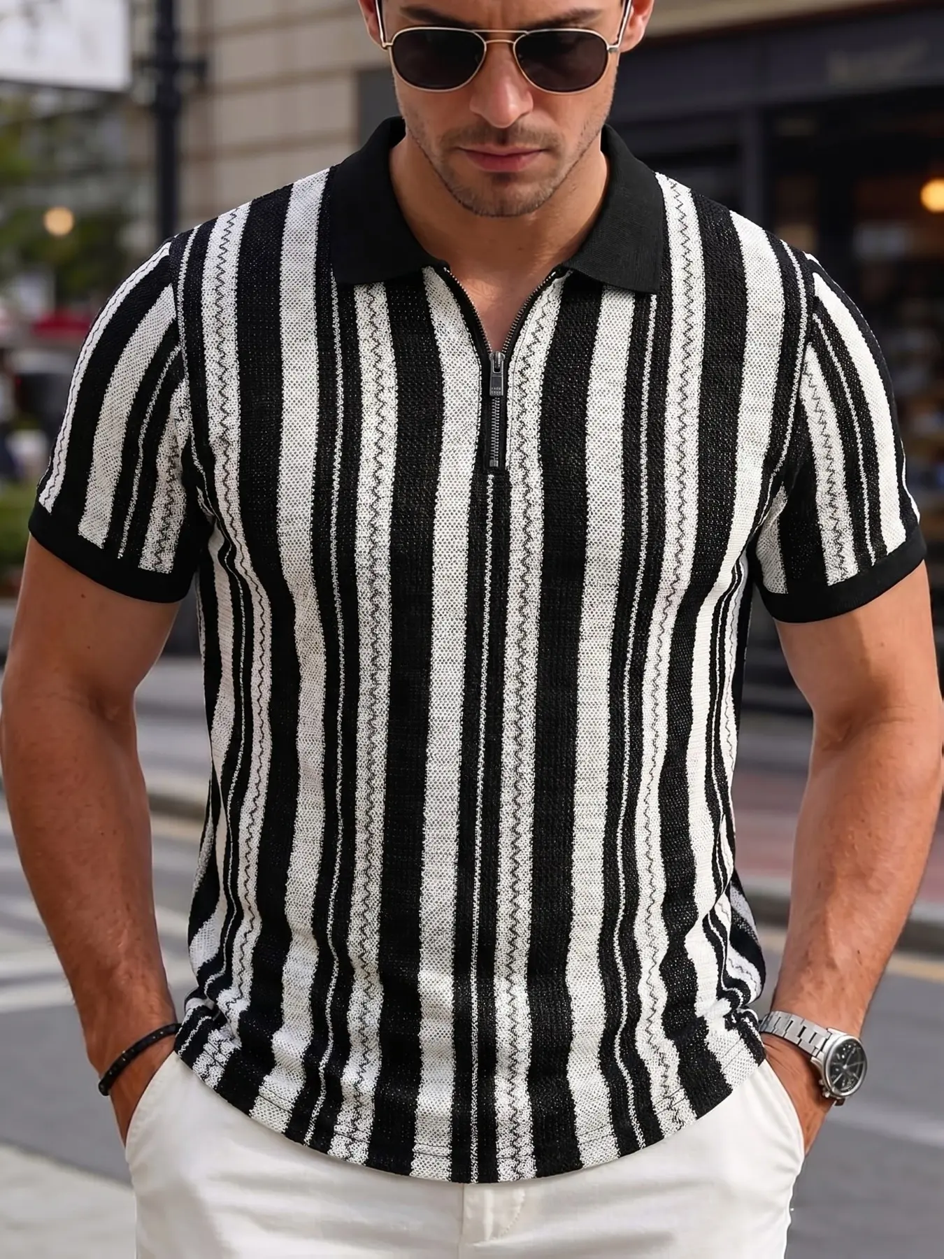Men's Summer Vacation Wave Vertical Stripe Knit Half-Zip Collar Polo Shirt, Breathable Mesh Texture, Short Sleeve Casual Top, Knitted