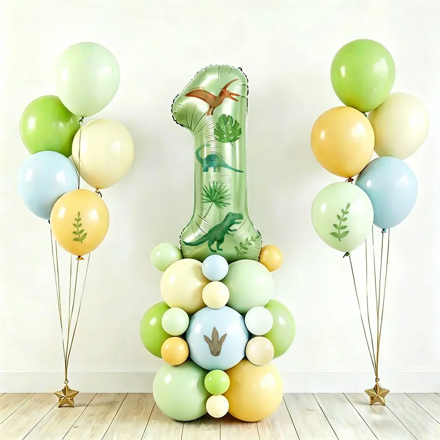 39-Piece Number Balloon Set with Cartoon Dinosaur Stickers, Jungle Theme Birthday Party Decorations, Numbers 0-9, Balloon Party Supplies, Party Balloons