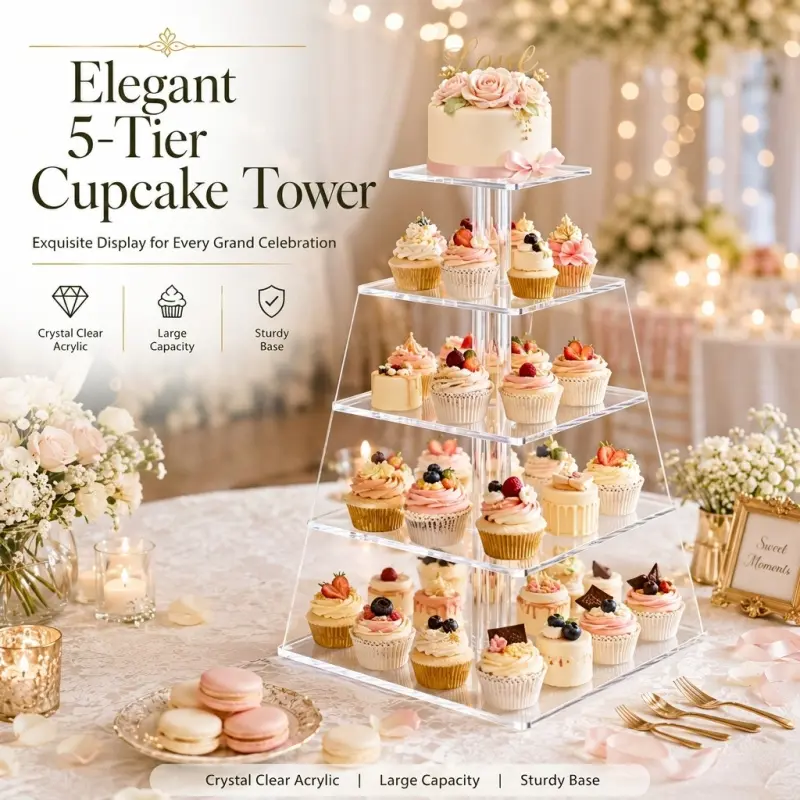 5-Tier Clear Acrylic Cupcake Stand, Elegant Pyramid Dessert Tower Display Holder for Weddings, Birthdays, Parties, and Events, Crystal Clear Pastry Serving Platter, Cupcake Holders
