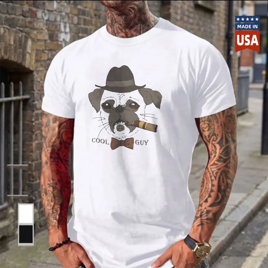 Men'S New Casual Sports Cotton Casual Men's T-shirt, Summer Casual Short-Sleeve T-shirt, Pug Wearing Hat And Bow Tie With Cigar Cool Guy Text Men's Casual Sports T-shirt Cotton Men's T-shirt, Comfort Fit