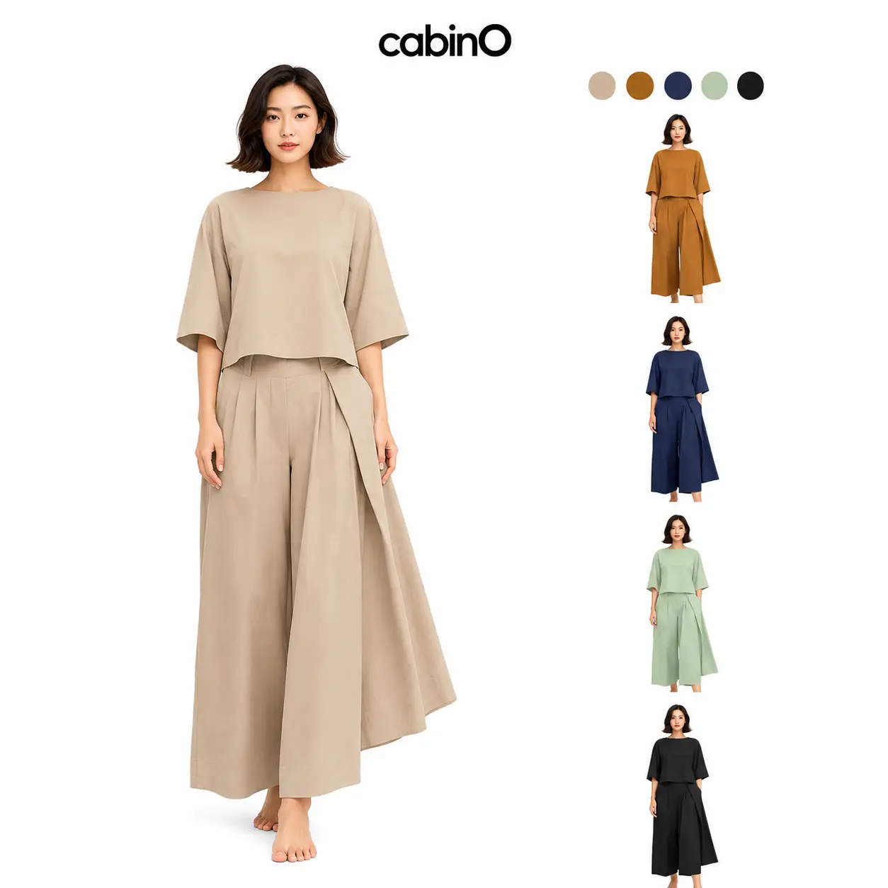 Cabino Women’s Khaki Two-Piece Wide-Leg Pants Set, Minimalist Loose Three-Quarter-Sleeve Cropped Top and High-Waist Pleated Palazzo Trousers with Pockets for Work, Travel and Casual Daily Wear