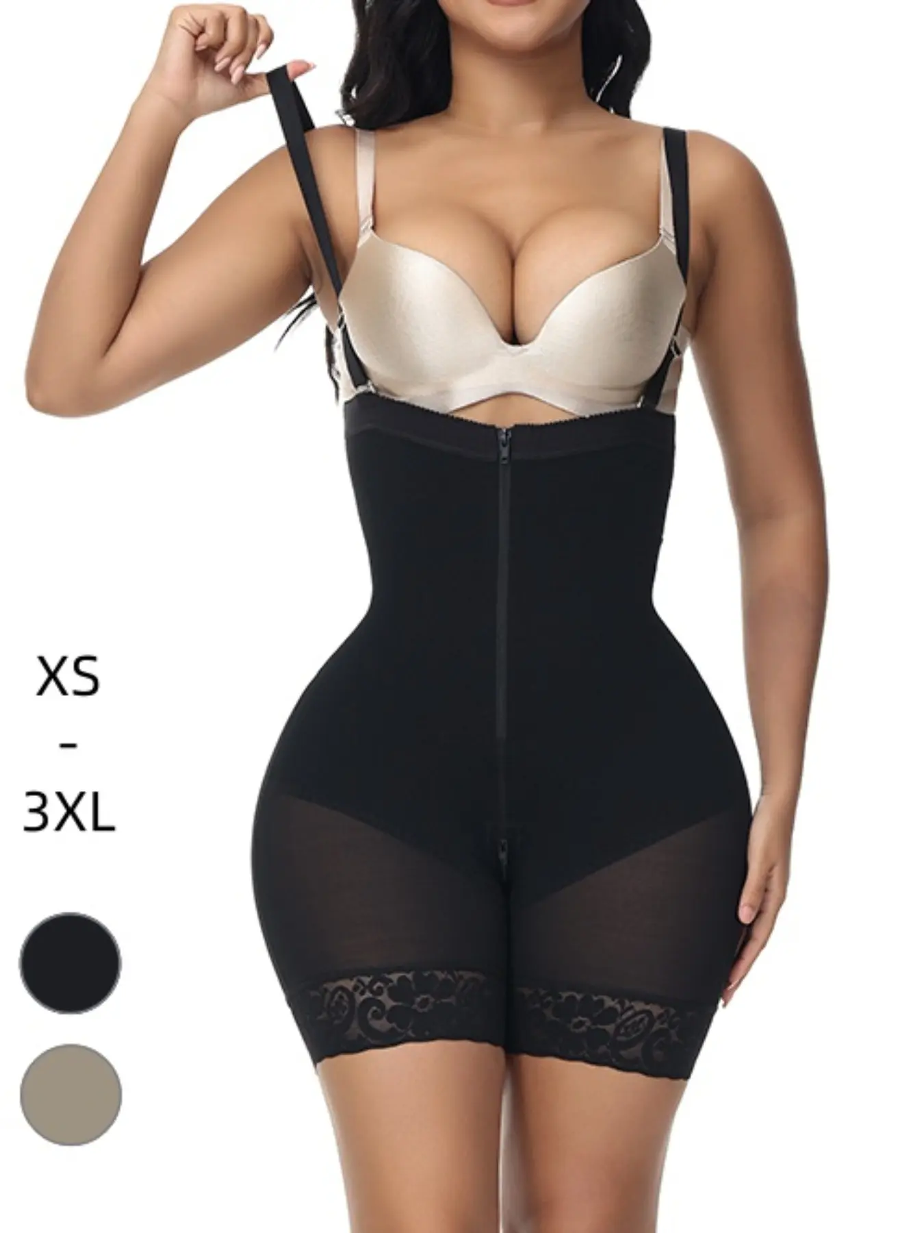Women Front Zipper High Waist Body Shaper Shorts Tummy Control Butt Lifter Shapewear Anti Rolling Lace Trim Fajas Colombianas Postpartum Compression Shaper