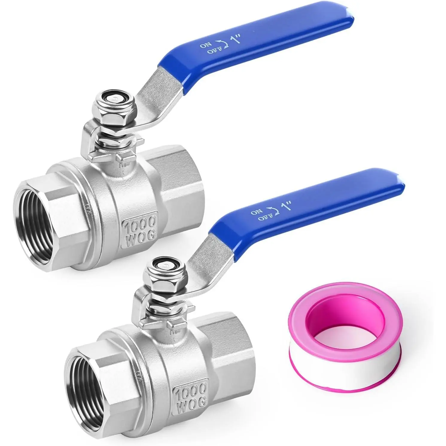 1-inch 304 Stainless Steel 2-Piece Full-Pass Ball Valve (2 Valves), 1000 PSI Rated Pressure, Heavy-Duty Vinyl Handle, FNPT Threads, Quick Disassemble, Industrial Equipment for Oil, Gas Applications