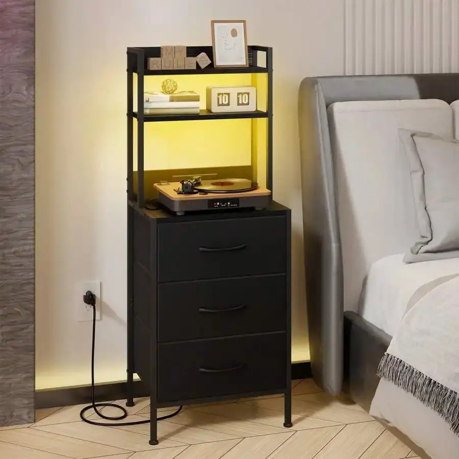 Black Marble Nightstand with Charging Station - 1pc, 41" Tall, 11.8" Wide, MDF Board, 2 AC Sockets, Charging Ports, 3 PU Fabric Drawers, 5ft Cord, Sturdy Legs, Simple Setup, Assembly Required Indoor Furniture Bedside Table