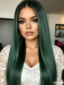 Ombre Highlight Emerald Green Straight Synthetic Lace Front Wig 13x4 HD Lace Front Wigs with Baby Hair Dark Green Silky Straight Lace Front Wig Green Wig with Black Root Glueless Synthetic Wig for Daily Use Halloween Christmas Wig