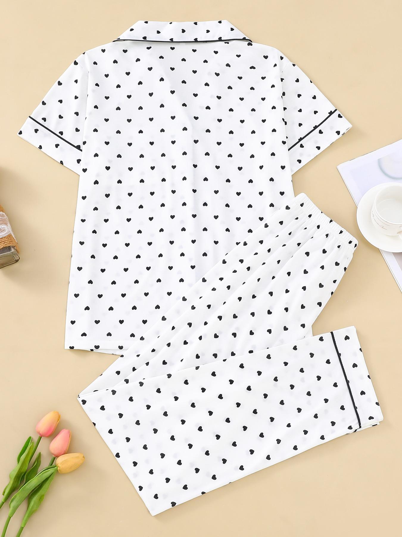 2 Pieces Women's Heart Print Pocket Button Front Shirt & Elastic Waist Pants Pyjama Set, Casual Short Sleeve Lapel Top & Trousers, Valentine's Day Gift, Women's Sleepwear for Summer
