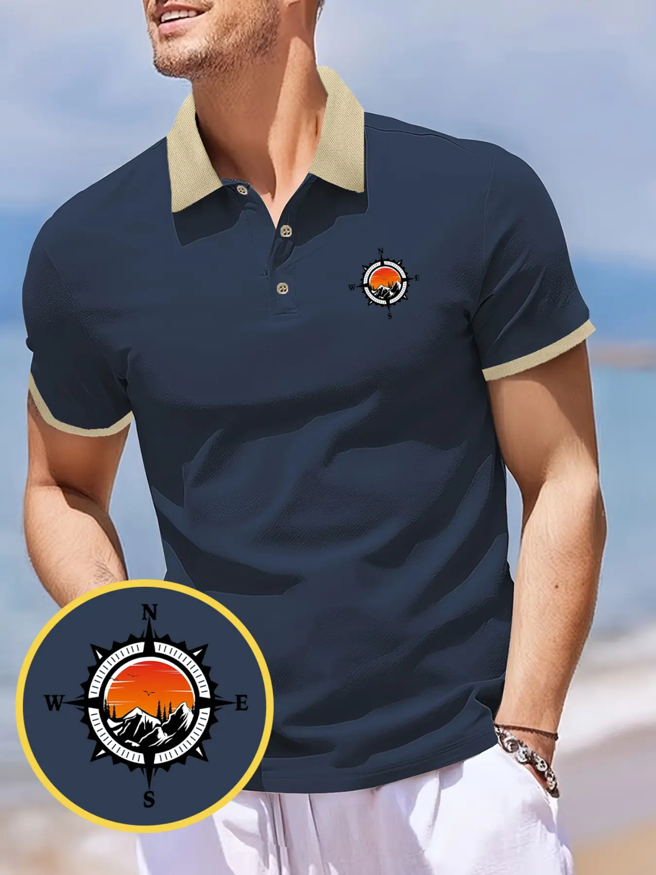 Men's Colorblock Collar Short Sleeve Polo Shirt, Vintage Compass Mountain Sunset Print, Breathable Outdoor Travel Casual Golf Polo Top
