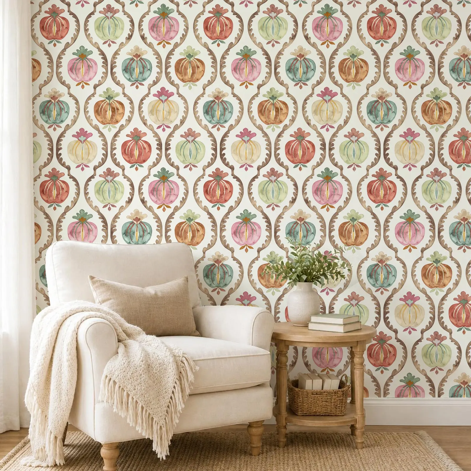 Self-Adhesive Pomegranate Vine Wallpaper, Watercolor Retro Plant PVC Waterproof Wall Sticker, 44x300/500/1000cm, Removable DIY Contact Paper