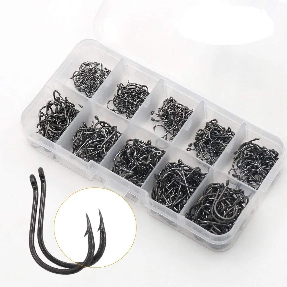 Barbed Fishing Hooks, 500-Count Small Size with 10 Variants (3#-12#), Portable Plastic Storage Box for Freshwater and Seawater Fishing, Barbed Hooks, Portable Box