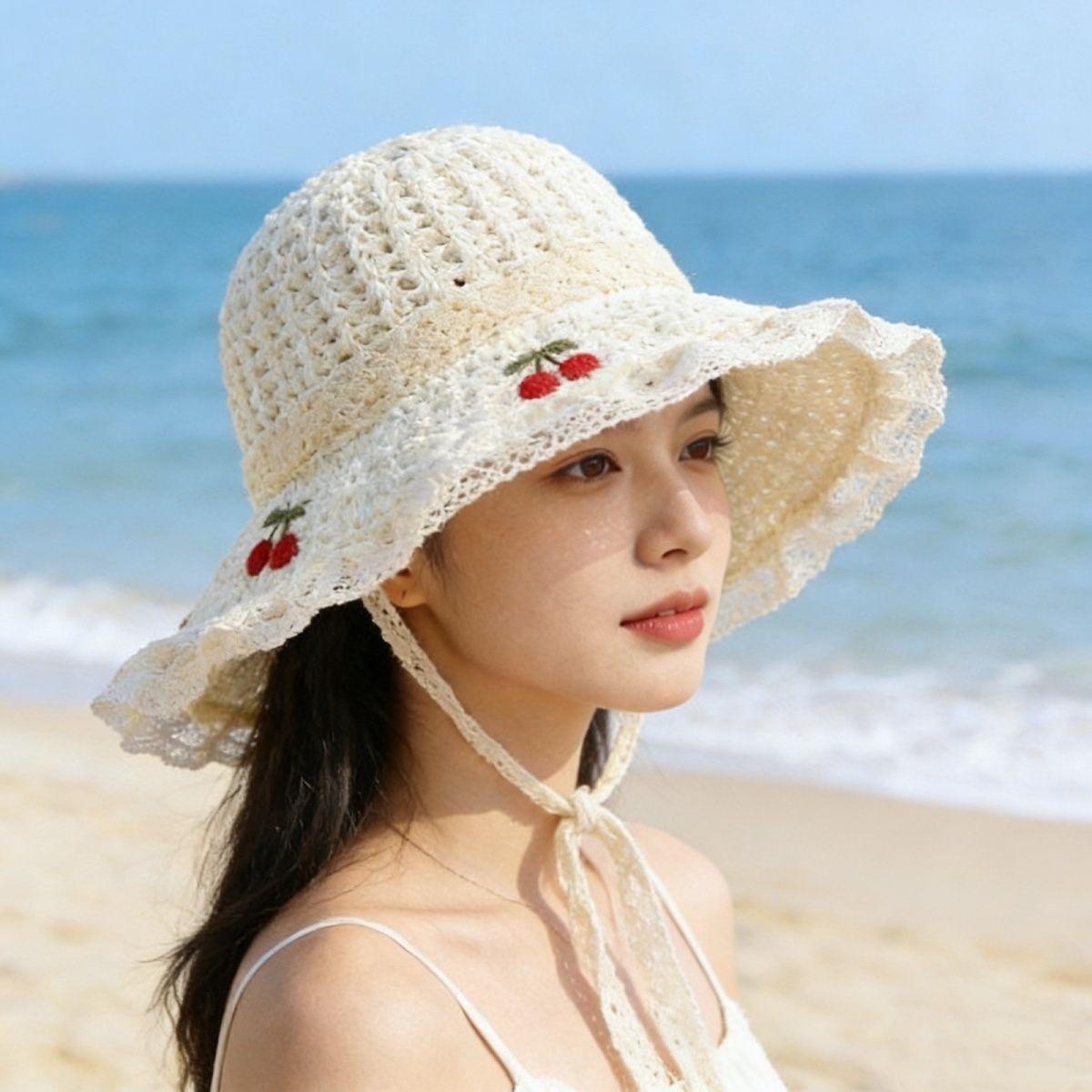 Korean-style Sweet Cherry Embroidered Straw Hat Summer Sun Protection Foldable Trendy Beach Hat for Vacation