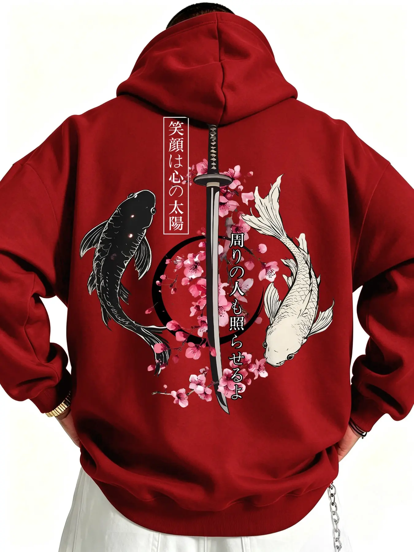 Men Japanese Streetwear Hoodie, Koi Samurai Sakura Themed Casual Long Sleeve Hooded Sweatshirt, Loose Fit Daily Outfit For Everyday Street Styling
