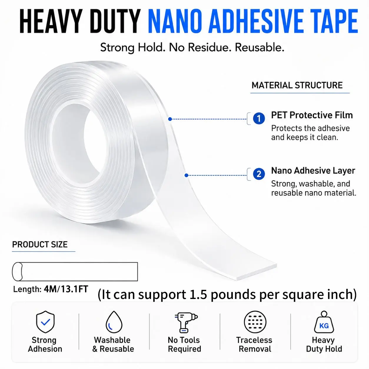 13.1ft Nano Tape, Dual-Sided Transparent Adhesive, Removable No-Trace, Strong Bonding for Art, Posters, Carpets, Wall Decor, Double Sided Adhesive